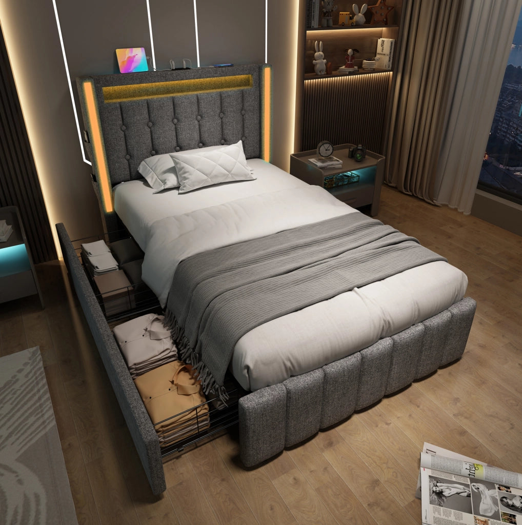 Letto singolo 90x200 cm in grigio con LED, USB, 2 cassetti e materasso incluso