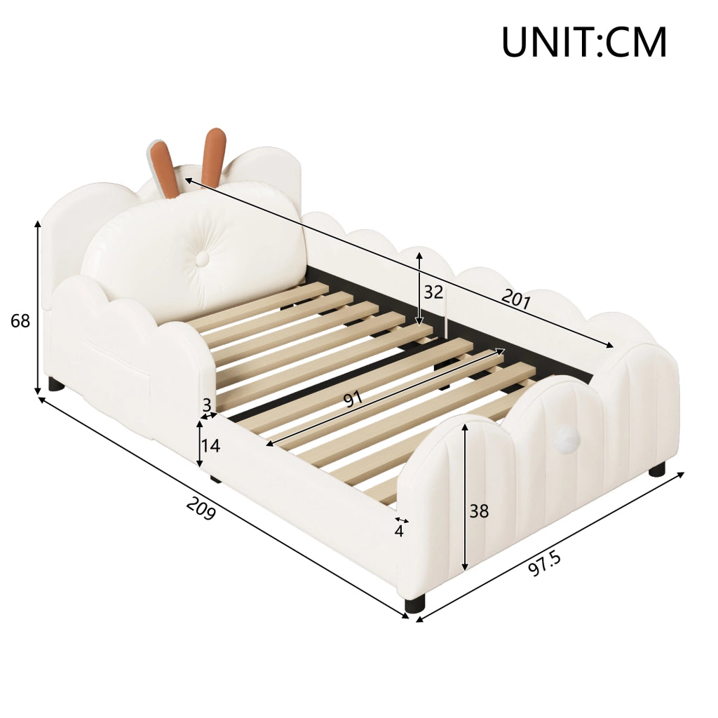 Letto imbottito 90 × 200 cm con cuscino a orecchie di coniglio e sponde continue in velluto beige