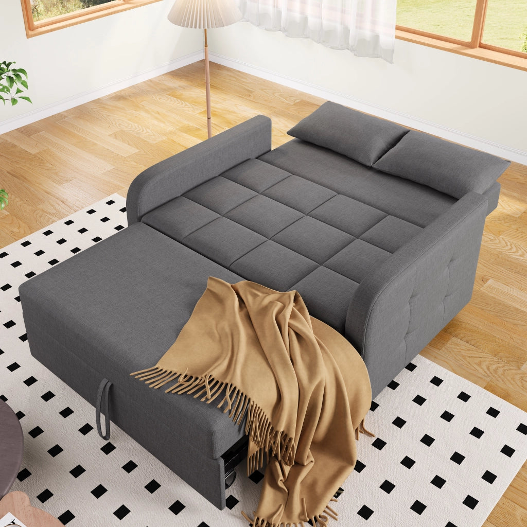 Divano letto 3 posti - con schienale regolabile e cuscini - in lino e cotone - grigio antico