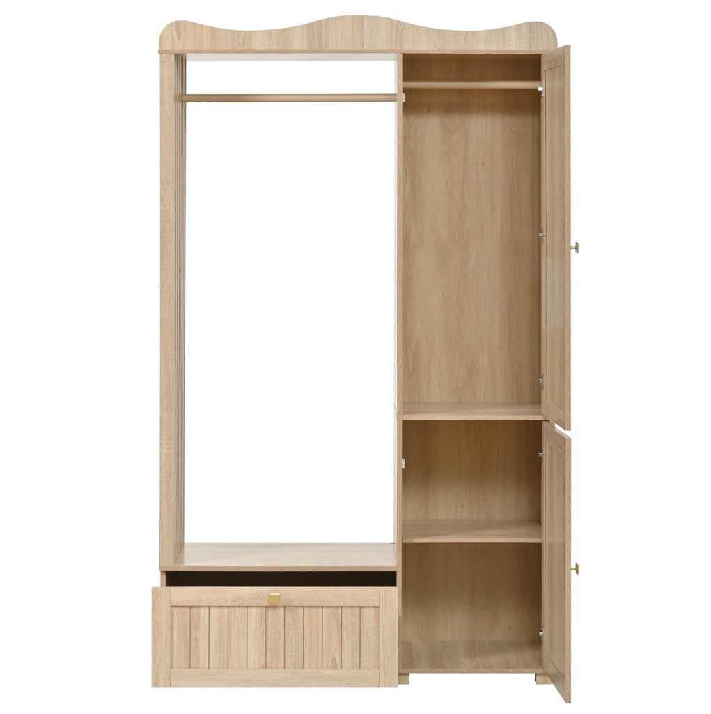 Guardaroba Aperto con Specchio a Figura Intera, Mobile con 2 Ante e Cassetto in MDF Colore Quercia, 115,5x38,5x194,5 cm