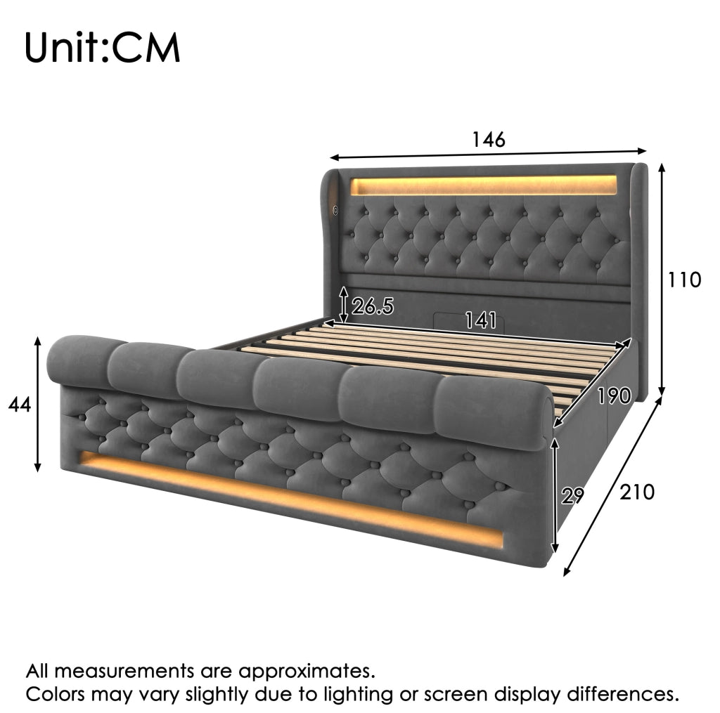 Letto 140x190 cm con contenitore idraulico, LED, USB e USB-C in velluto grigio