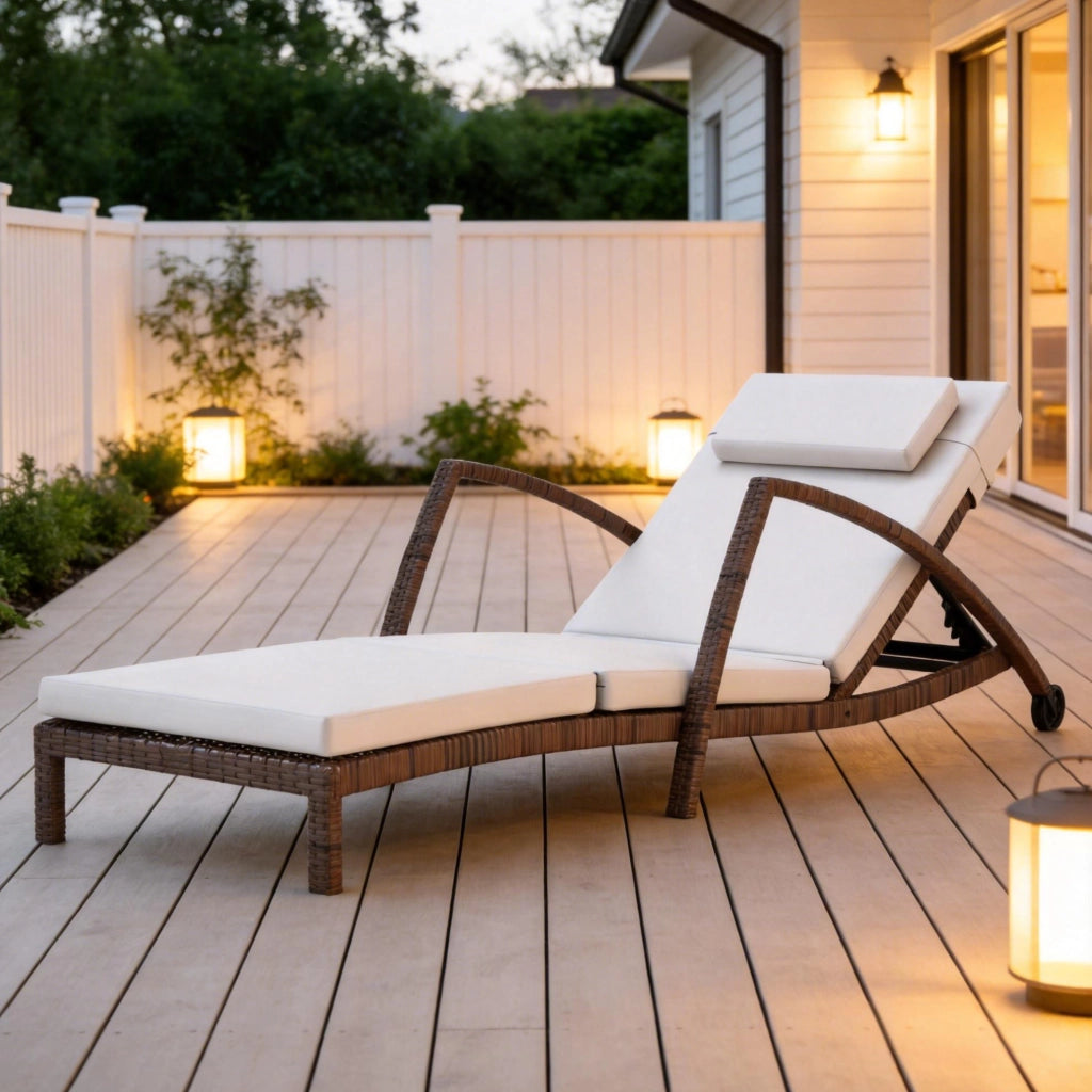 Sdraio da terrazza moderna con ruote, lettino da giardino regolabile in 5 posizioni, struttura in acciaio zincato e resina intrecciata, cuscini beige e marrone