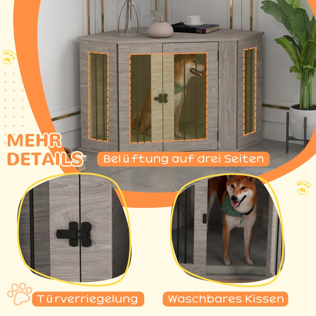 Gabbia per cani in compensato color noce con barre d’acciaio e chiavistello 104 × 55 × 63 cm per cani medi