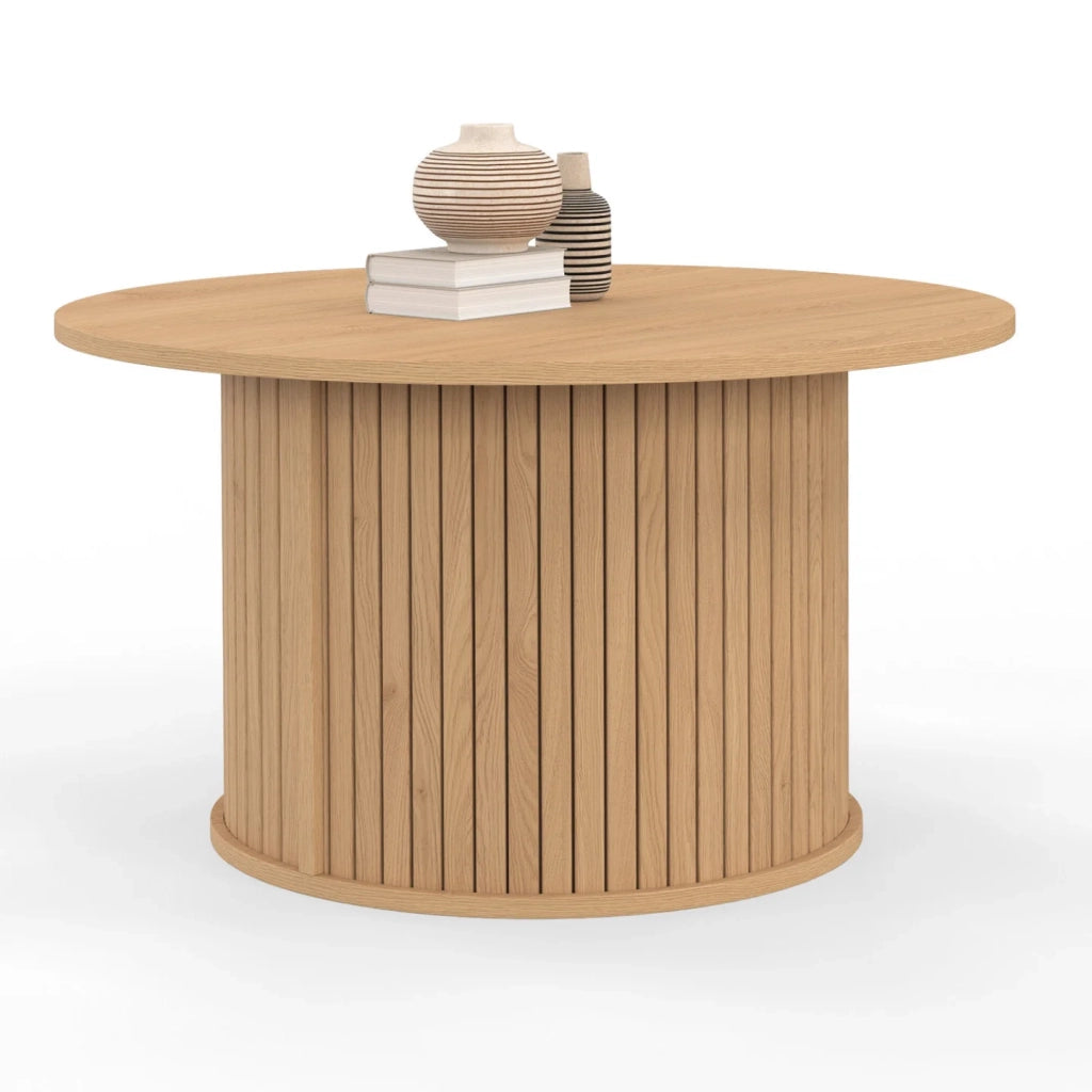 IDMarket - Tavolino rotondo JULIETTE 70 cm con doghe in legno color rovere