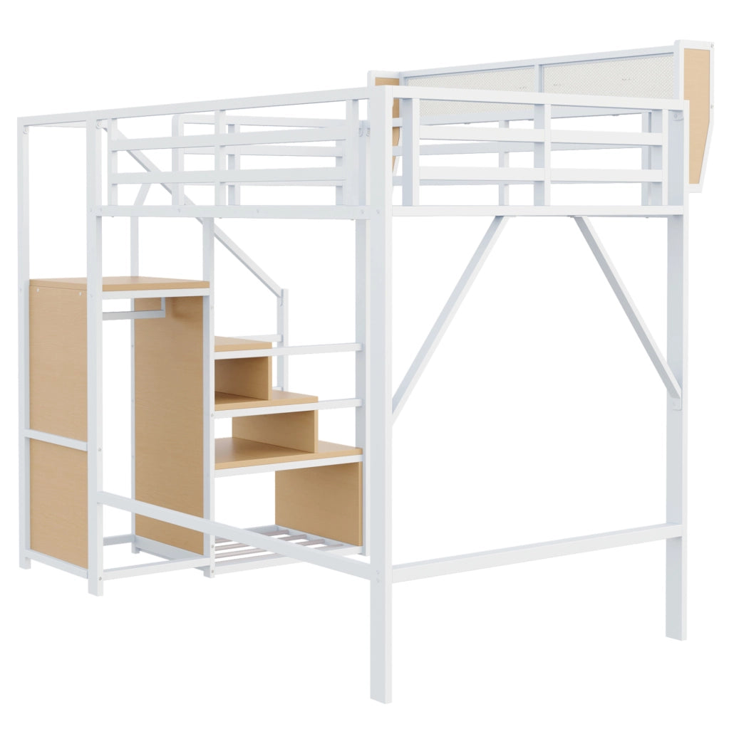 Letto a soppalco 140x200 cm in metallo con scaletta di sicurezza e ripiano modulabile, bianco