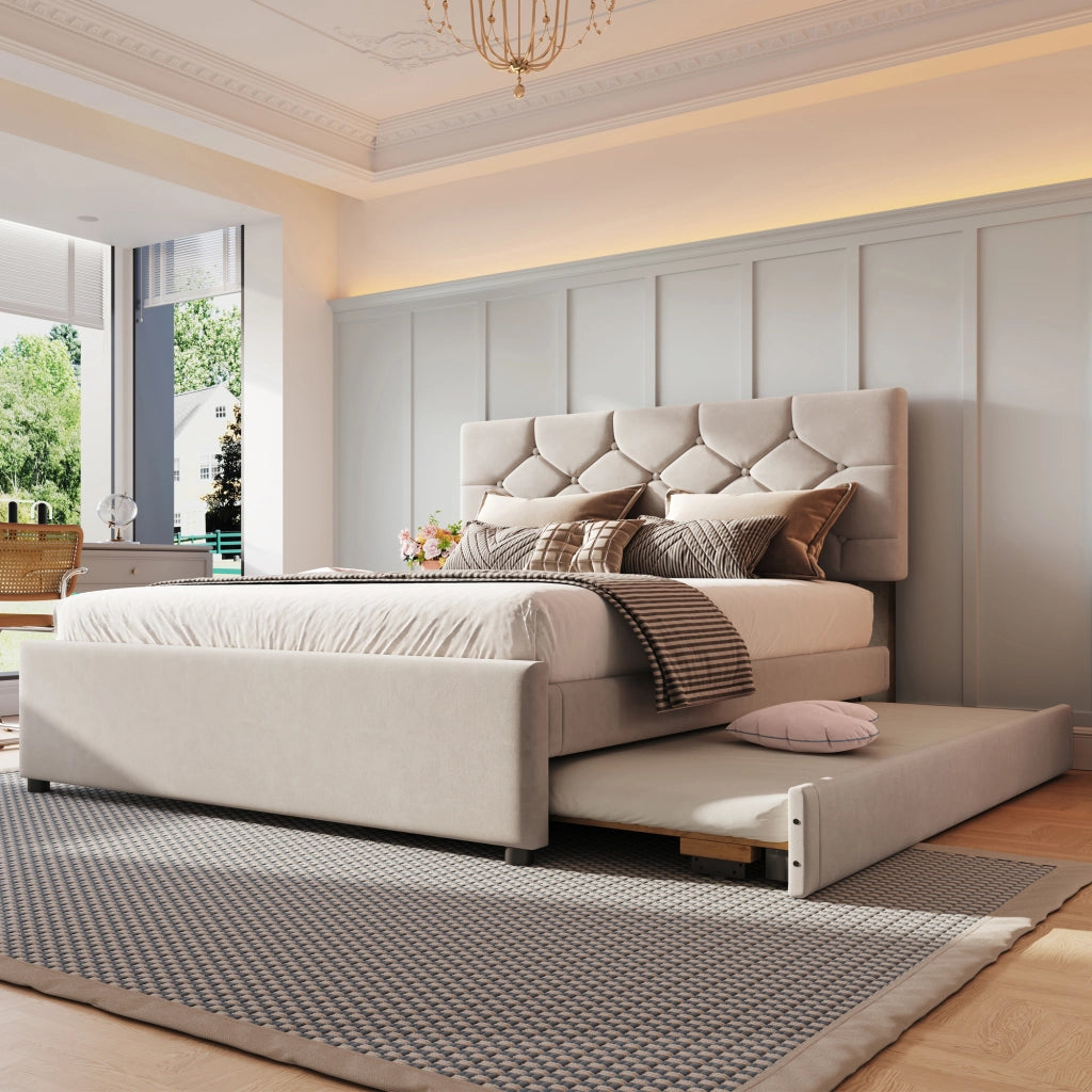 Letto imbottito 140x200 cm con rete e letto estraibile in velluto beige e MDF