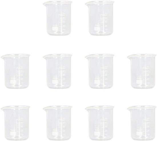 Set di Bicchieri di Laboratorio in Vetro Borosilicato da 10 - Bicchiere di Precisione 50 ml - Vetro di Laboratorio - Vetro Borosilicato - Altezza della Colonna di Liquido Naufragata - Adatto per Esperimenti