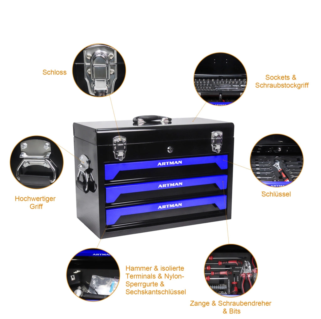 Cassetta per Attrezzi in Acciaio 508 mm con 3 Cassetti, Chiusure Metalliche, Maniglia, Nero e Blu