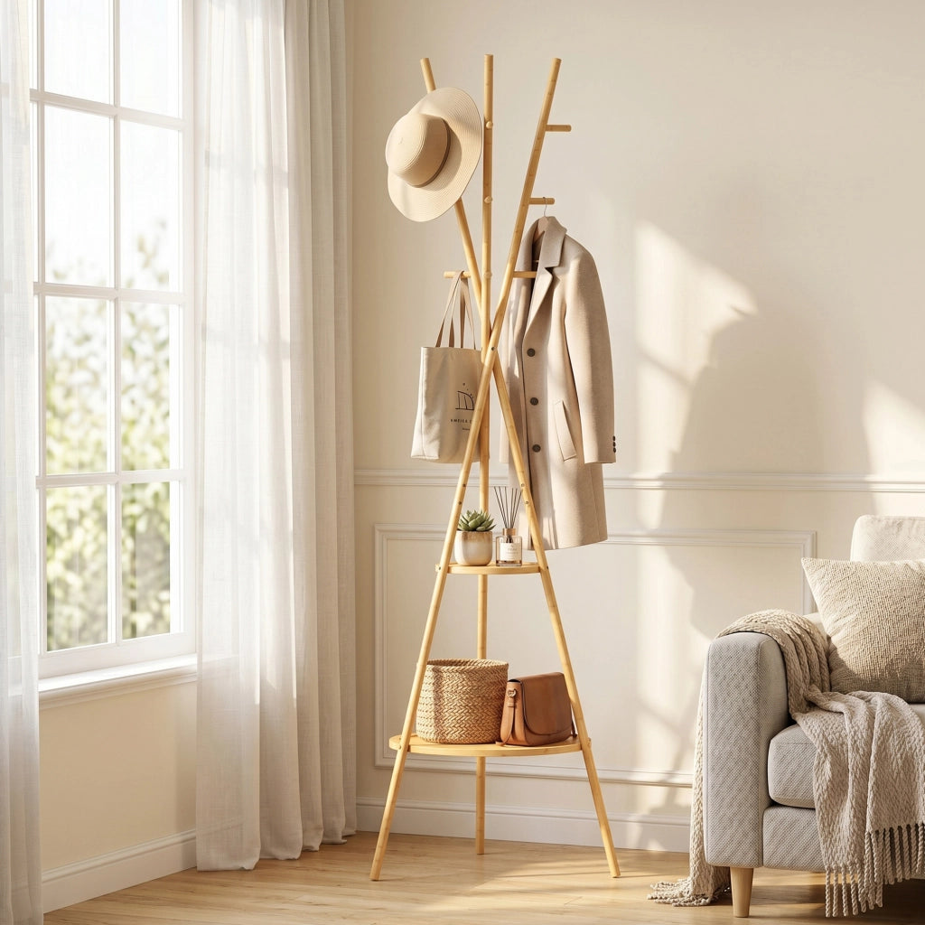 Appendiabiti 58,5x58,5x176 cm con 9 Ganci e 2 Ripiani in Bambù e MDF Naturale