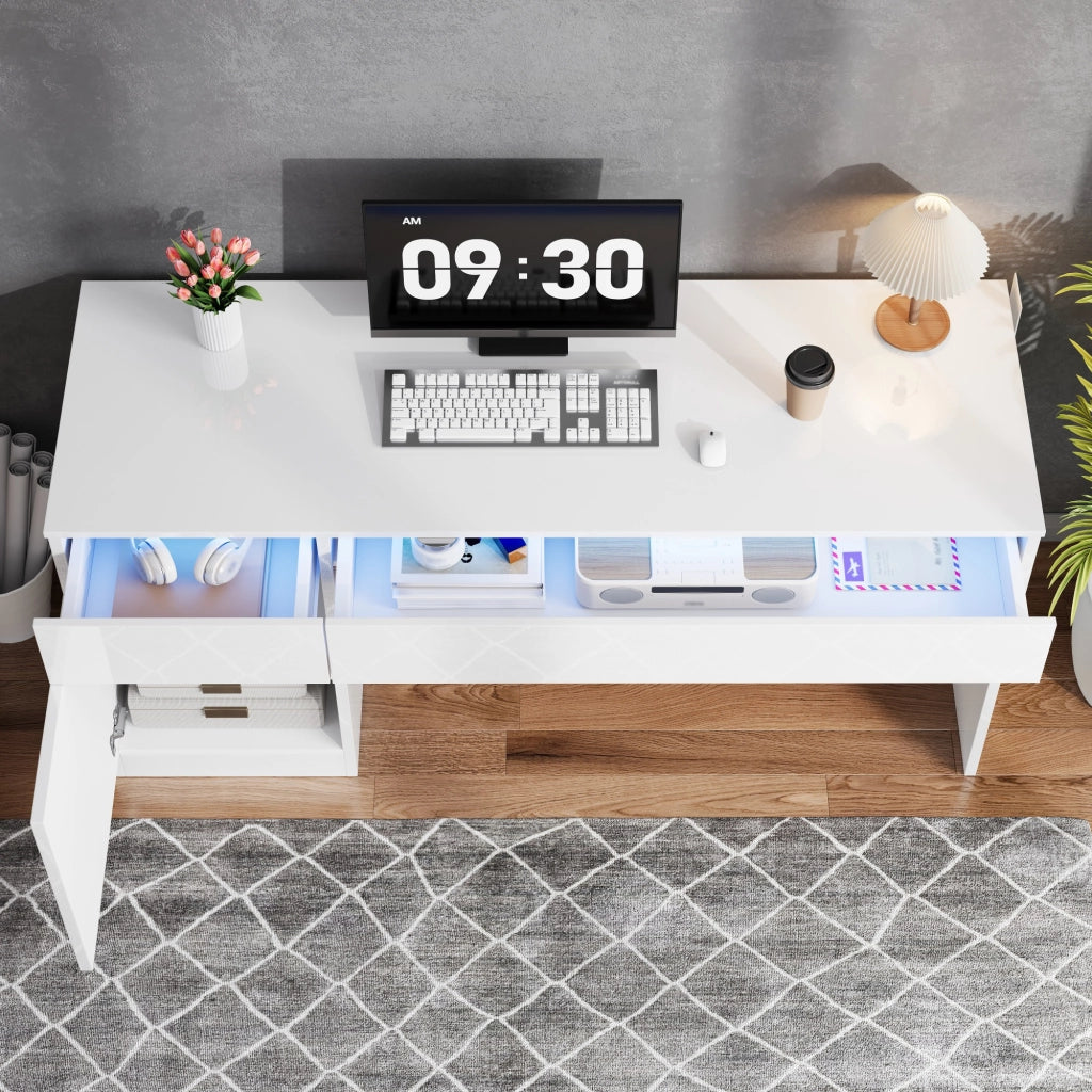 Scrivania con LED due cassetti e vano con anta in truciolare bianco lucido per home office 120 × 50 × 78 cm
