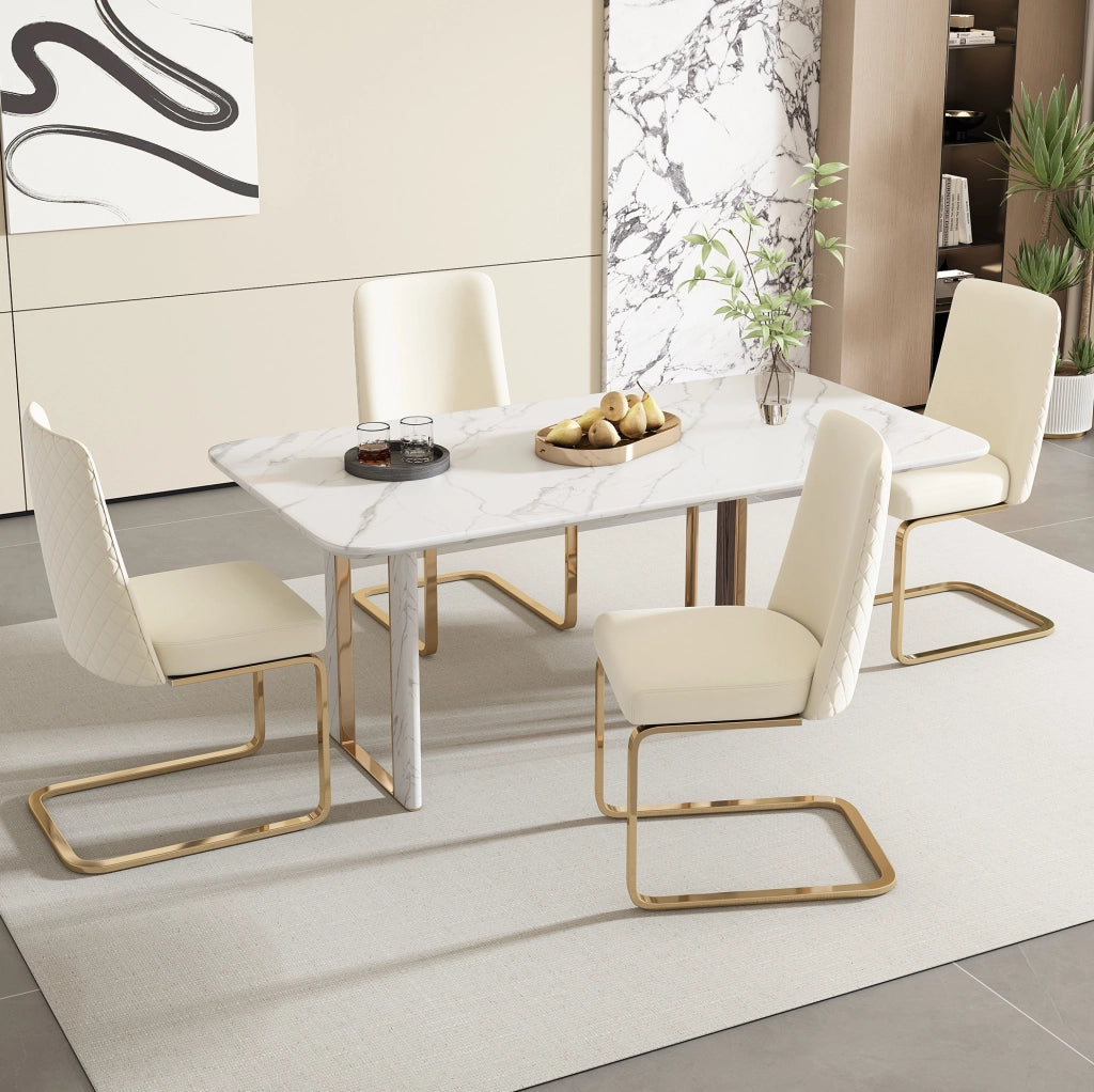 Set di 4 sedie da pranzo in velluto beige con schienale a rombi e gambe in metallo