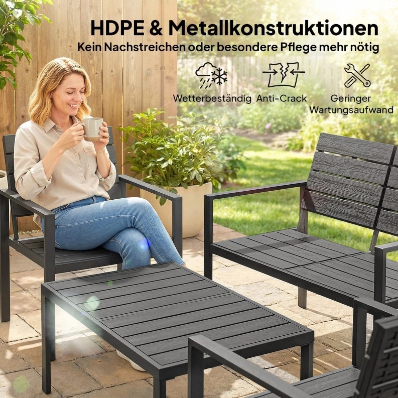 Set da giardino per 4 persone con divano 2 posti, 2 poltrone e tavolino in HDPE nero