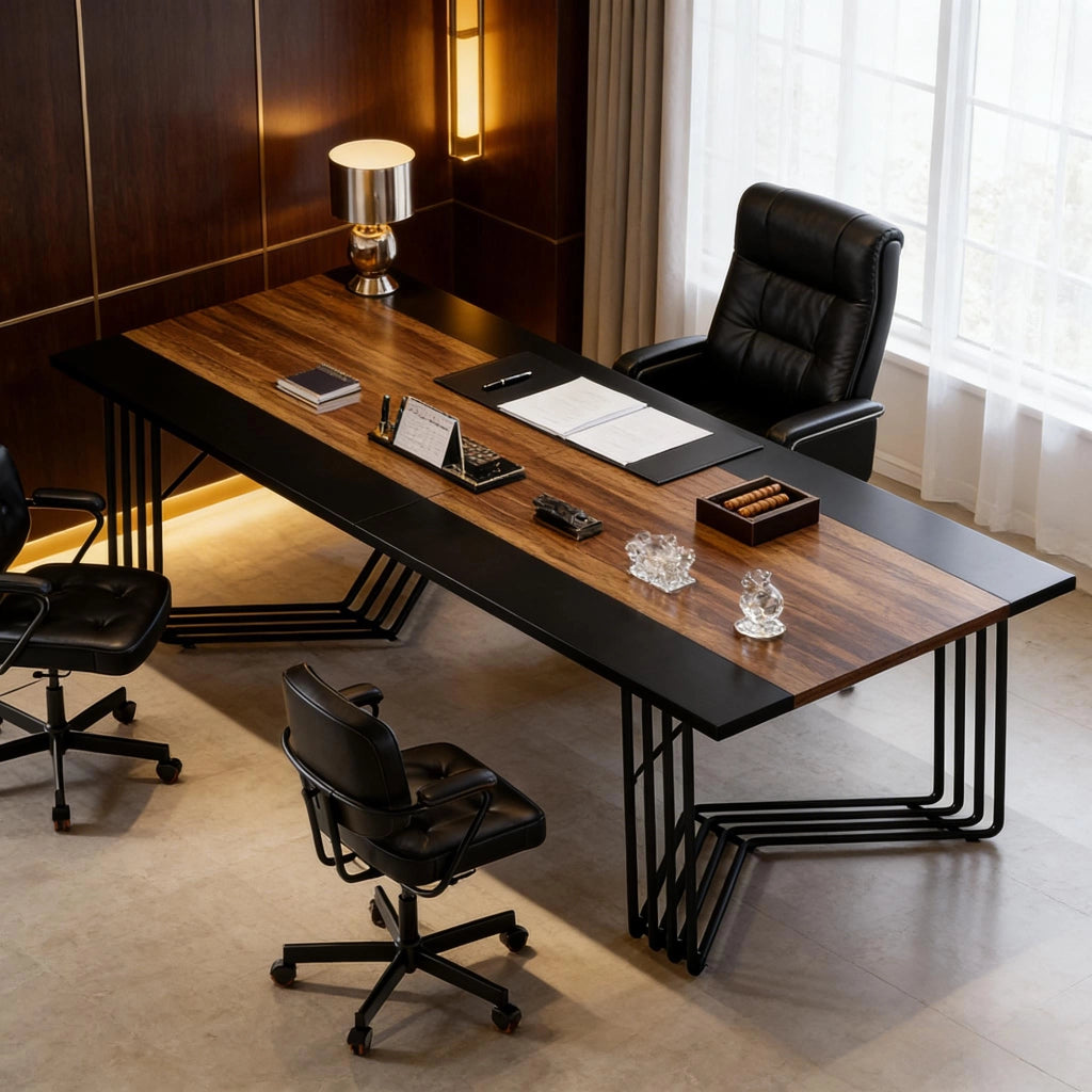 Tavolo da pranzo rettangolare per 8 persone, per riunioni, in MDF e metallo, marrone rustico e nero, 200 × 100 × 75 cm
