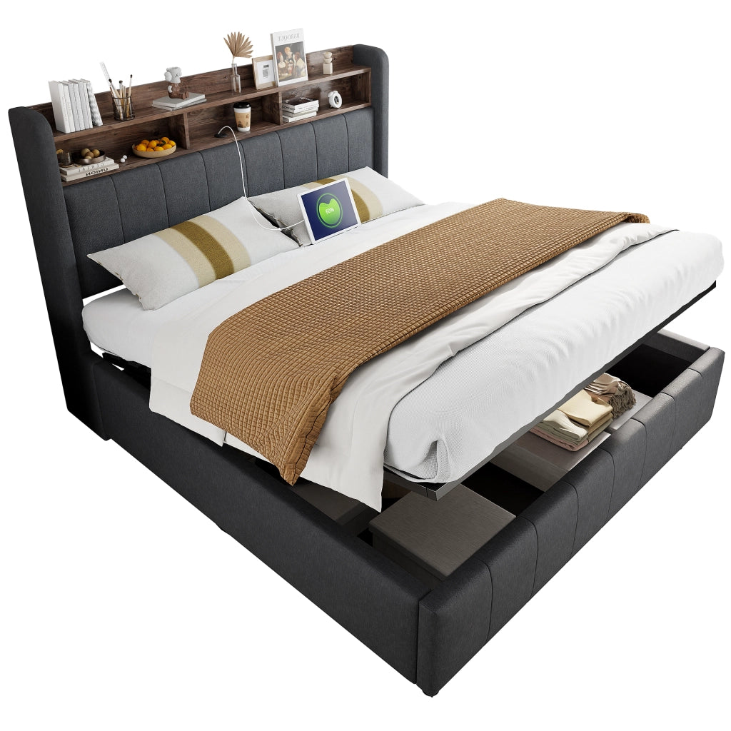 Letto matrimoniale imbottito 160x200 cm con LED variabili; USB e Type-C; vano contenitore idraulico; lino grigio