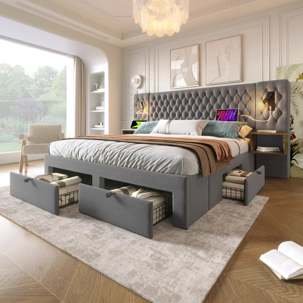 Letto con cassetti 180 × 200 cm con 2 comodini lampade da lettura USB e Type C rivestito in velluto grigio