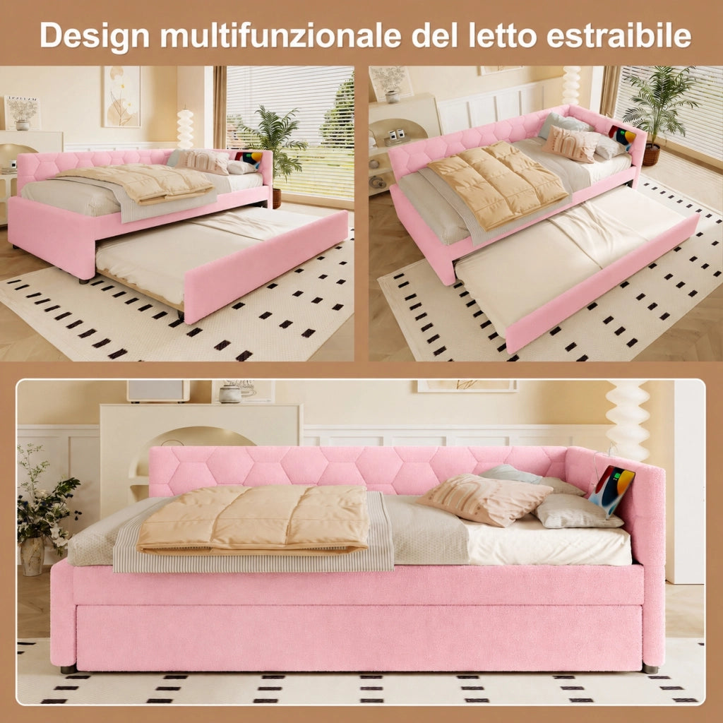 Letto divano 140x200 cm con letto estraibile; rete a doghe; porte USB e USB C; MDF e velluto sintetico bianco