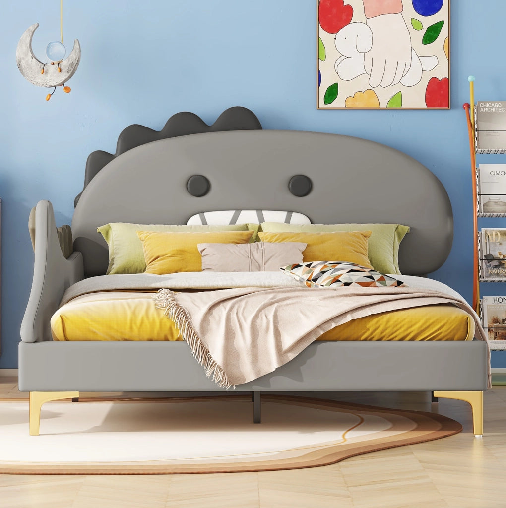 Letto per bambini 140x200 cm a forma di dinosauro cartoon in PU grigio