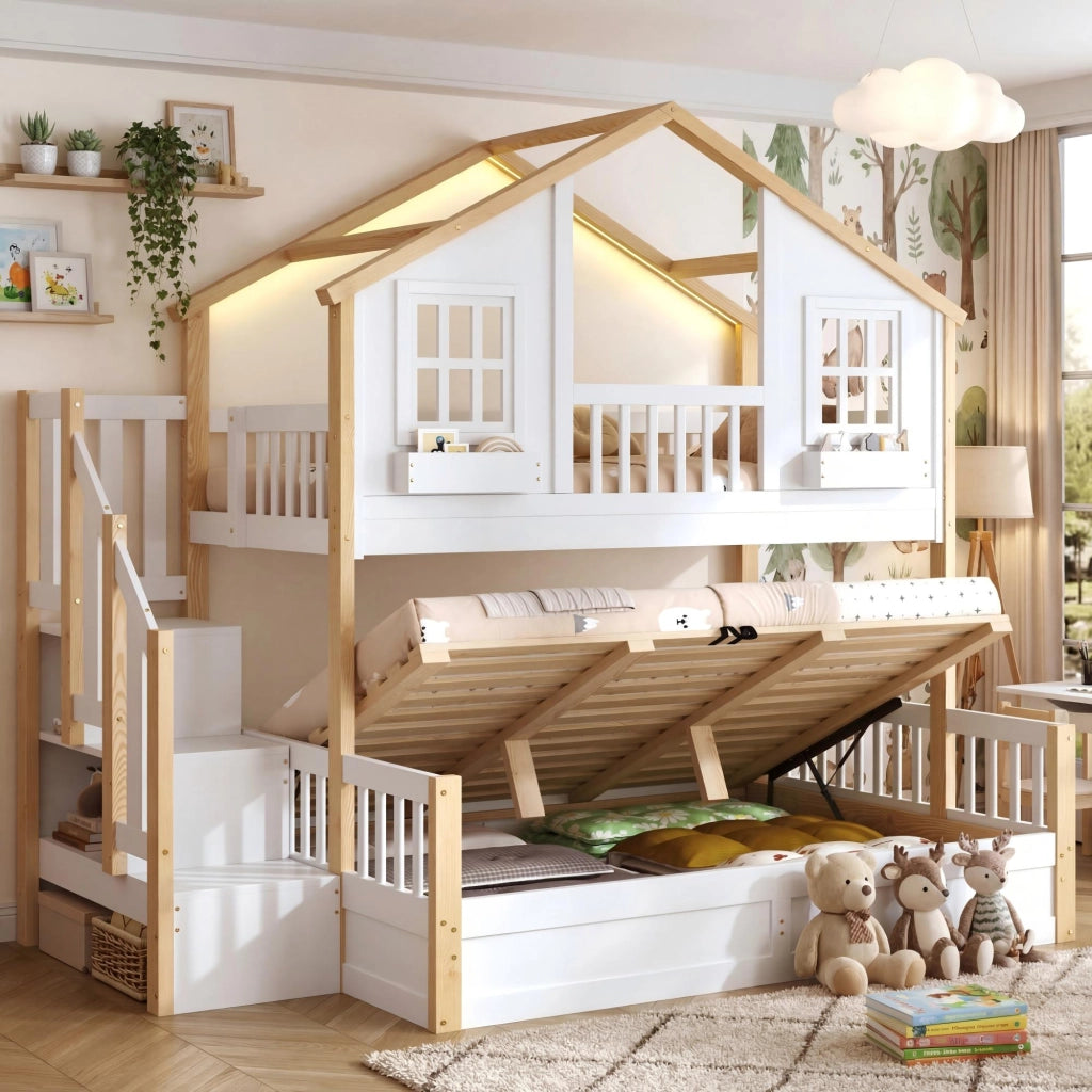 Letto a castello per bambini 90 × 200 cm e 140 × 200 cm in legno bianco con LED e scala contenitore