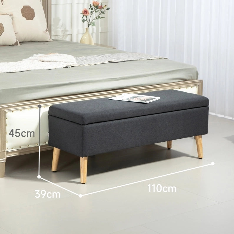 Panca contenitore imbottita in legno di caucciù con rivestimento effetto lino, 110 x 39 x 45 cm, grigio scuro