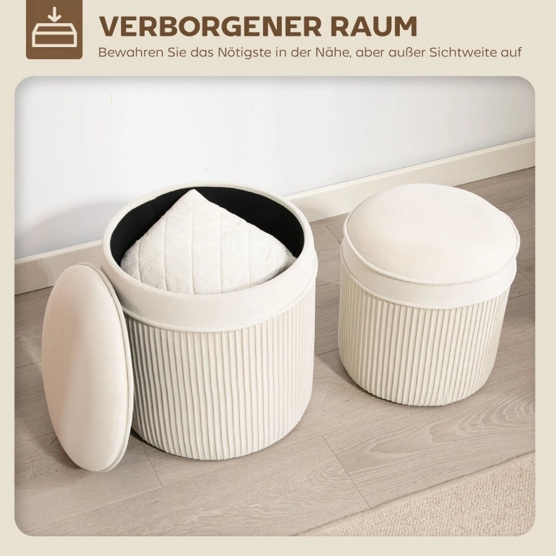Set di 2 Pouf con Contenitore, Pouf Tondo in Velluto Crema 36x36x41,5 cm