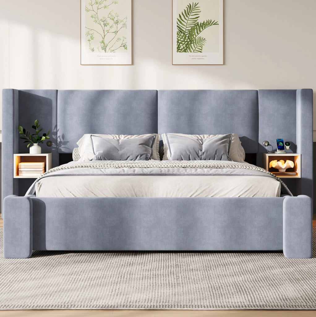 Letto matrimoniale 140x200 cm imbottito in lino grigio con contenitore idraulico e LED HOMVRA