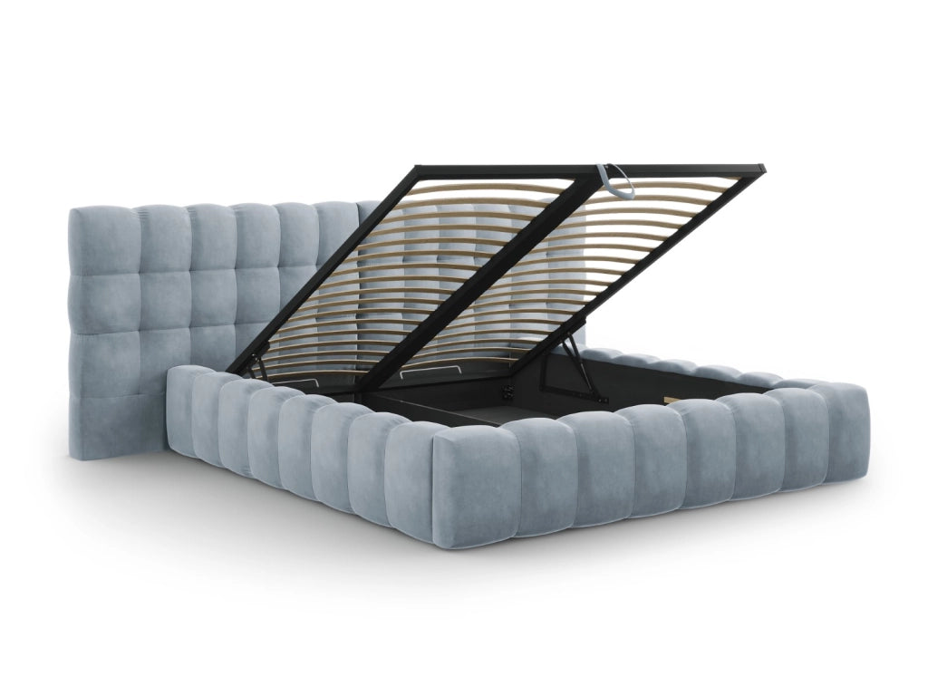 Cosmopolitan Design - Letto a cassettone con testiera doppia "Bali" 180x200cm in velluto azzurro 