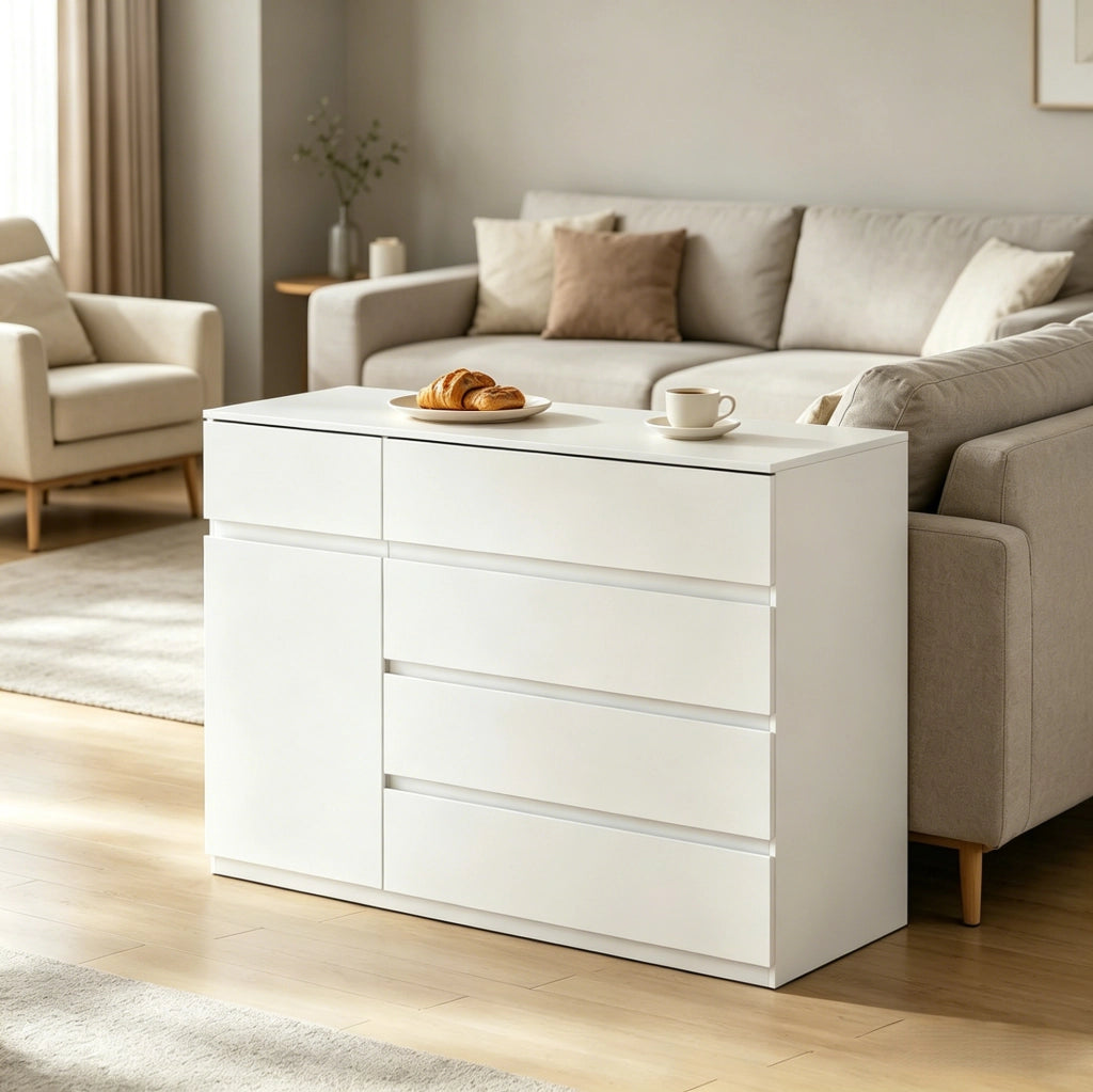 Mobile contenitore bianco moderno con 5 cassetti e armadio, 100x40x80 cm