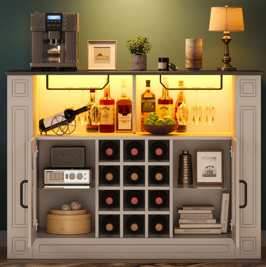 Mobile bar per vini 120x35x84 cm con LED RGB; portabicchieri e 12 vani; MDF bianco