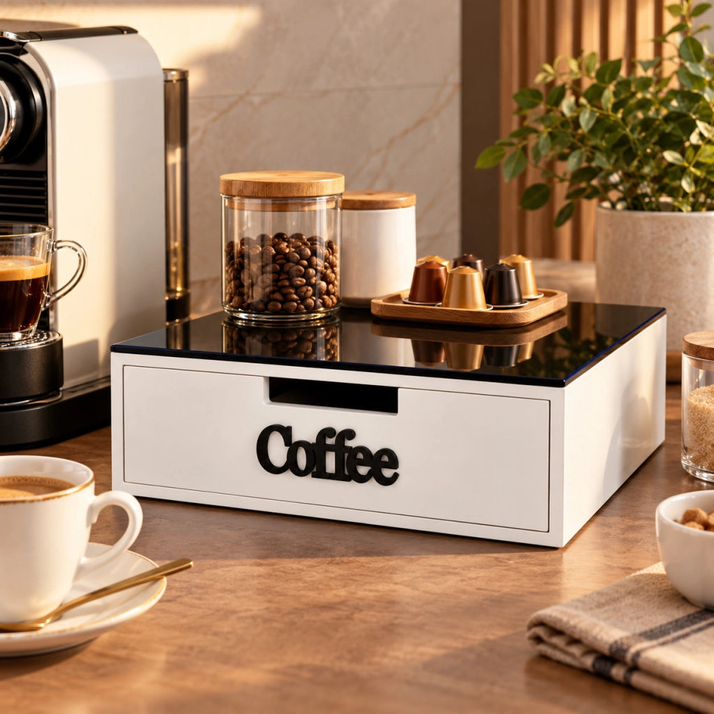 ORGANIZER CAFFE CAPSULE CIALDE CASSETTO DIVISORI TOP VETRO NERO 30X30 H10 746040
