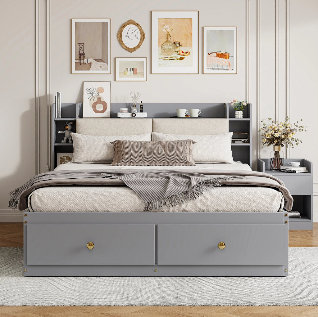 Letto matrimoniale multifunzionale 140x200 cm in legno massiccio grigio