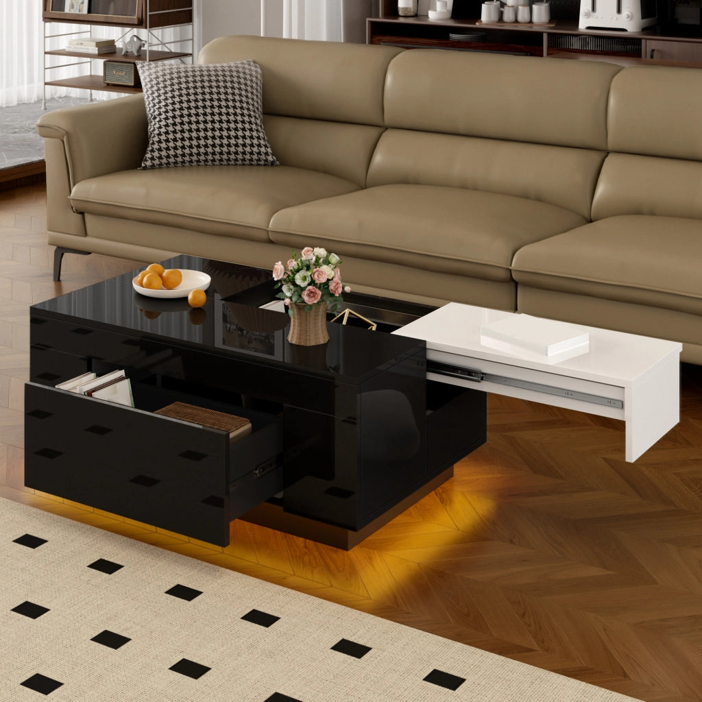 Tavolino da caffè moderno con LED; piano estraibile e cassetto nascosto; 80x50x35;5 cm; MDF nero e bianco