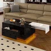 Tavolino da caffè moderno con LED; piano estraibile e cassetto nascosto; 80x50x35;5 cm; MDF nero e bianco