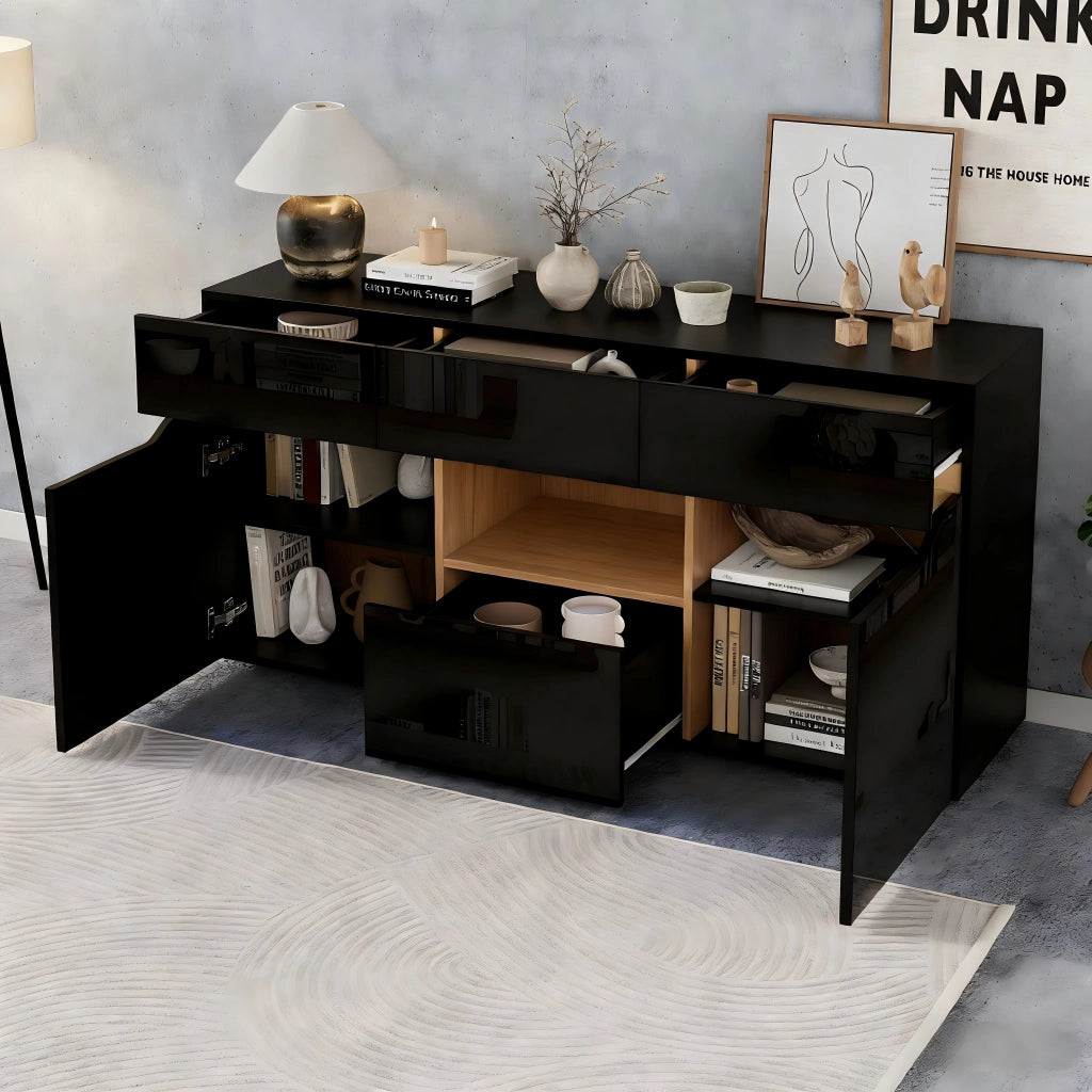 Credenza Soggiorno con LED ¨C Xylo ¨C 4 Cassetti, Legno e Nero Lucido, 140x40x70 cm