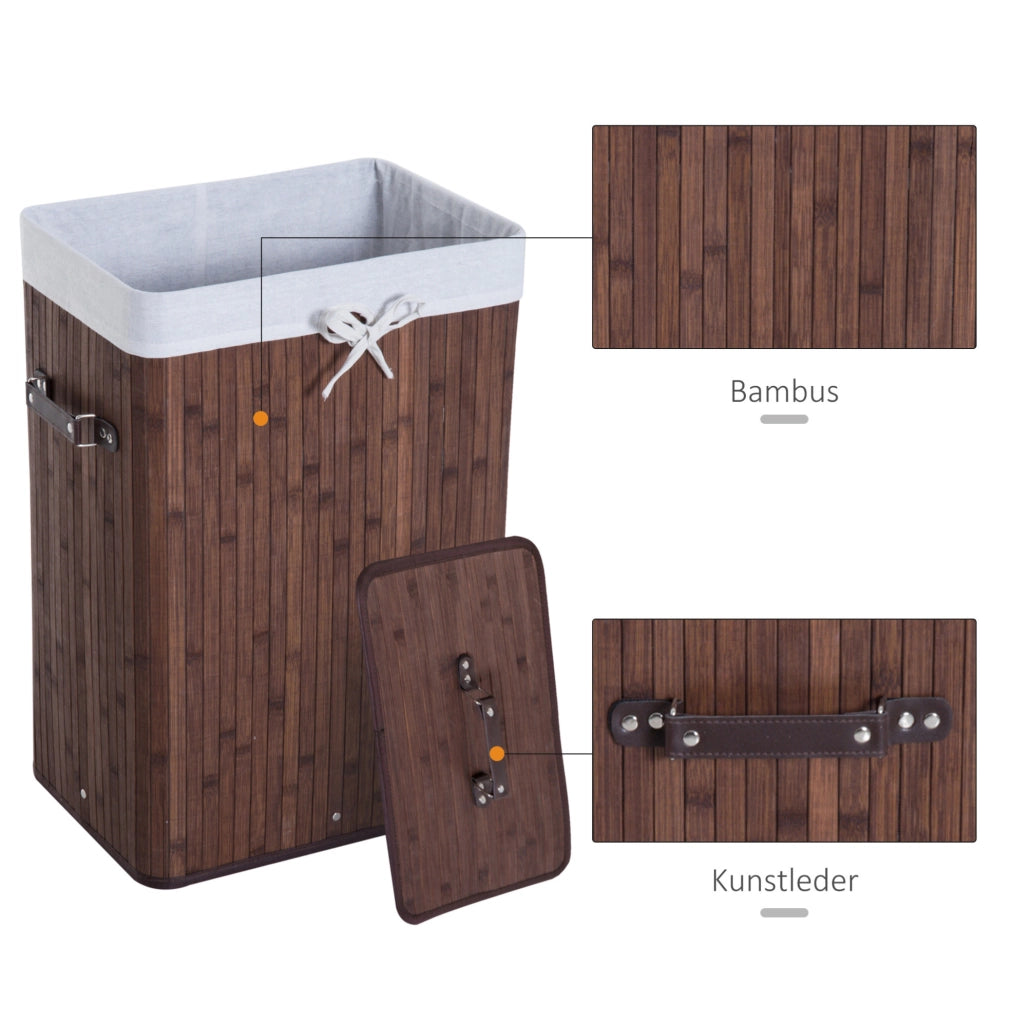 Cesto porta biancheria 72L in bambù con coperchio e manici, 40x30x60 cm, colore marrone scuro