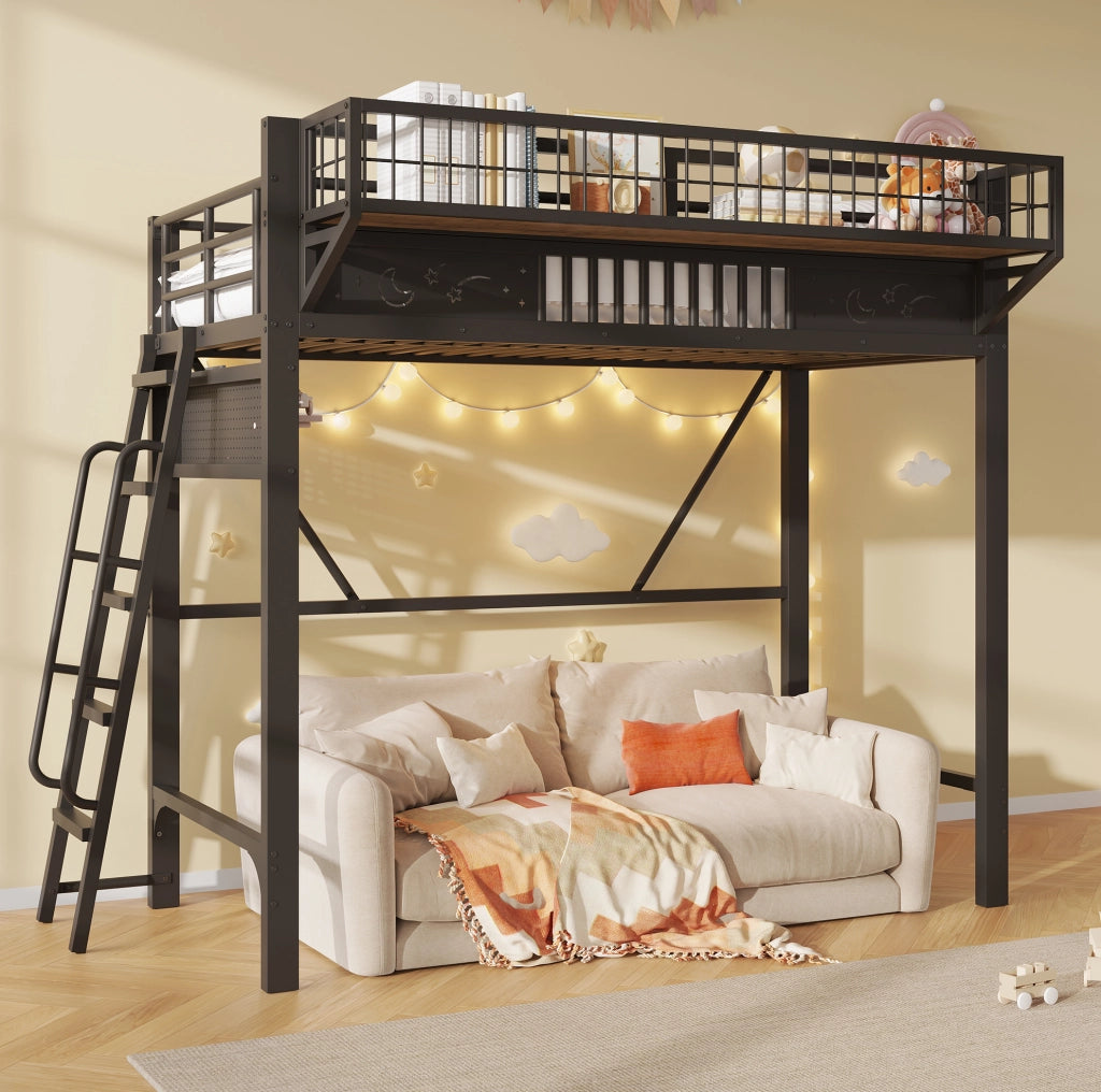 Letto a soppalco in metallo 90 x 200 cm con vani portaoggetti; nero