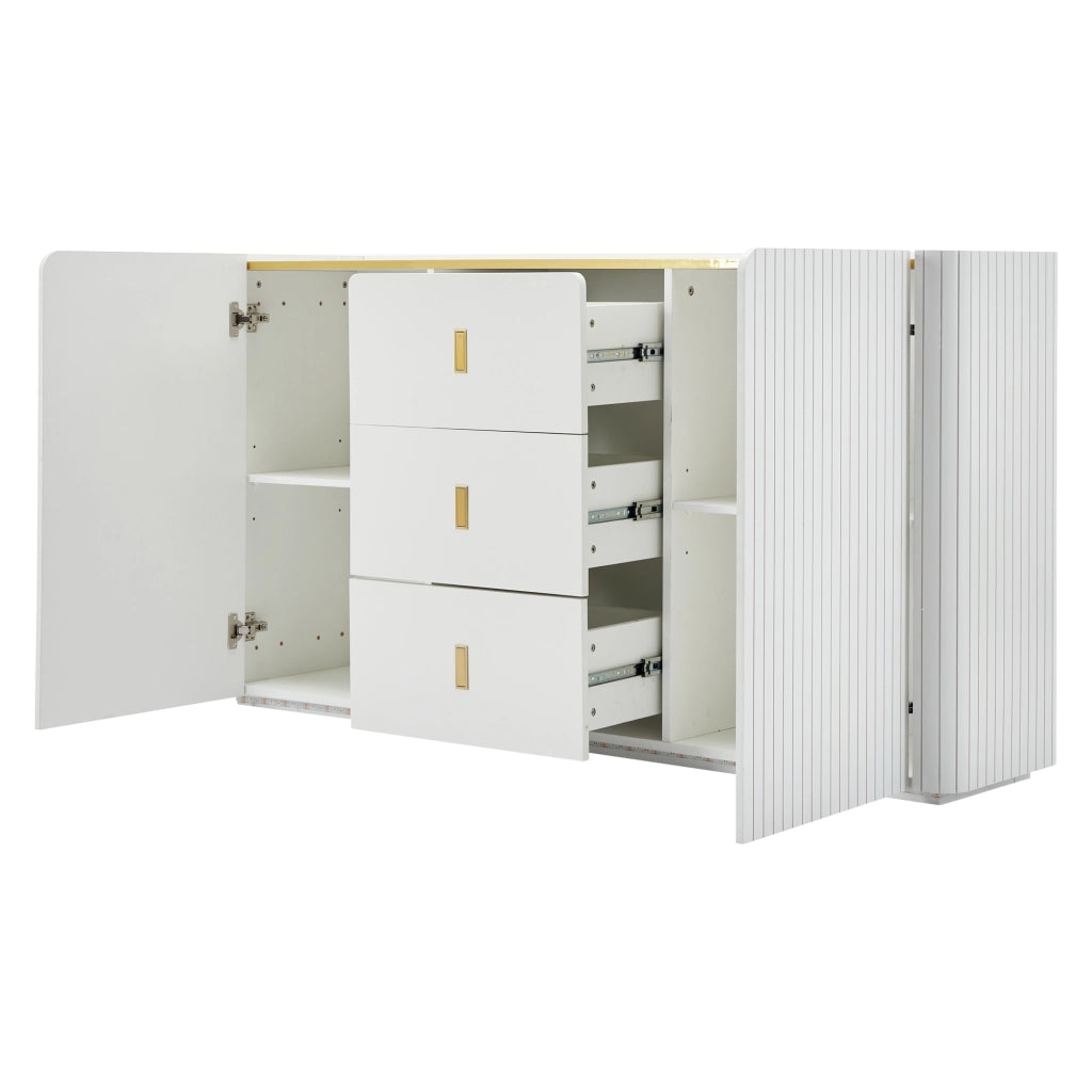 Credenza e madia con LED Bluetooth, 2 ante e 3 cassetti, per soggiorno e cucina, in truciolare bianco, 150 × 35 × 80 cm