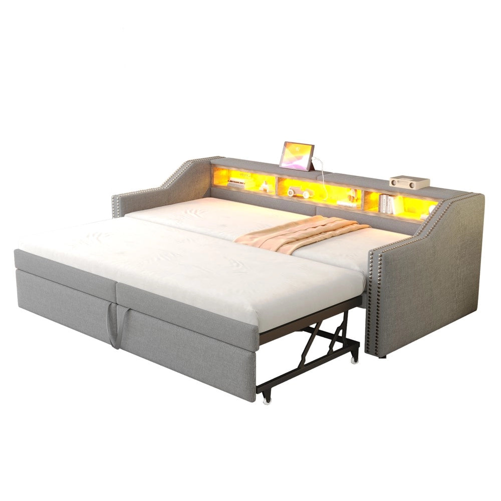 Letto Imbottito Estraibile con Contenitore, LED e USB ¨C Xylo ¨C 90/180x200 cm, Grigio Chiaro, con Materasso