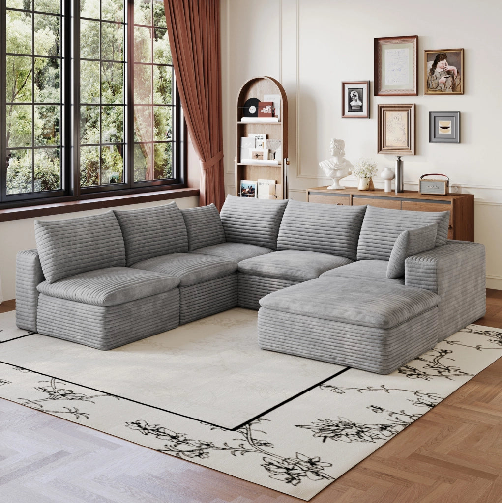 Divano modulare in tessuto di velluto a coste grigio scuro 260x250 cm con imbottitura sfoderabile e design a doppio strato
