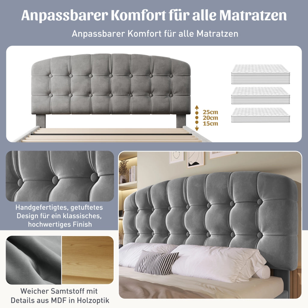 Letto con cassetti 140 × 190 cm con testiera regolabile rivestito in velluto grigio e rete a doghe