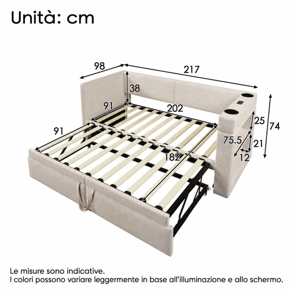 Letto divano con letto estraibile 90x200 cm beige in tessuto misto cotone e lino con seconda rete estraibile; USB e USB-C; portabicchieri