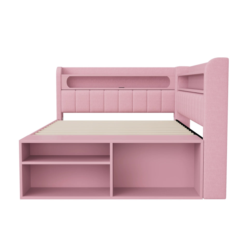 Letto con cassetti 90 × 200 cm con LED USB mobile portascarpe struttura imbottita in MDF e compensato rosa
