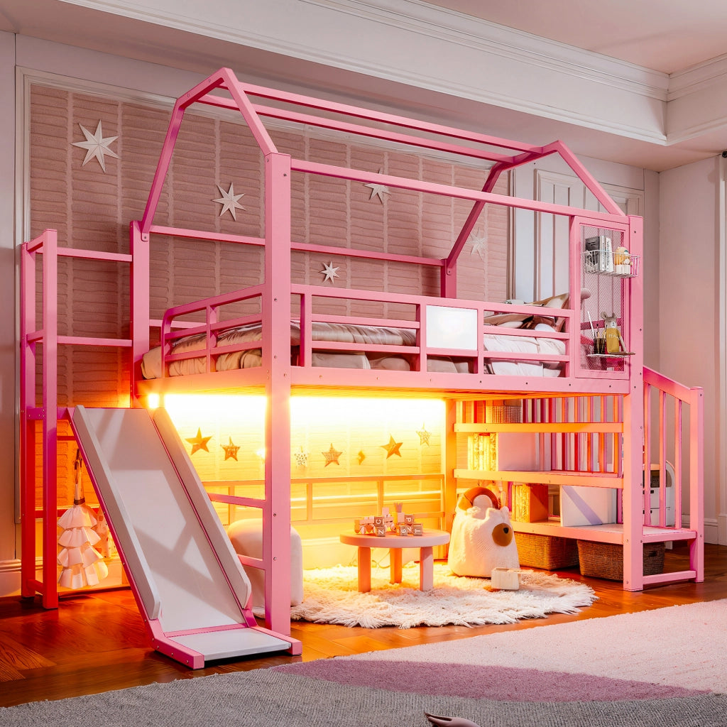 Letto a soppalco 140 × 200 cm con scivolo scala con ripiani LED Bluetooth in metallo e MDF rosa