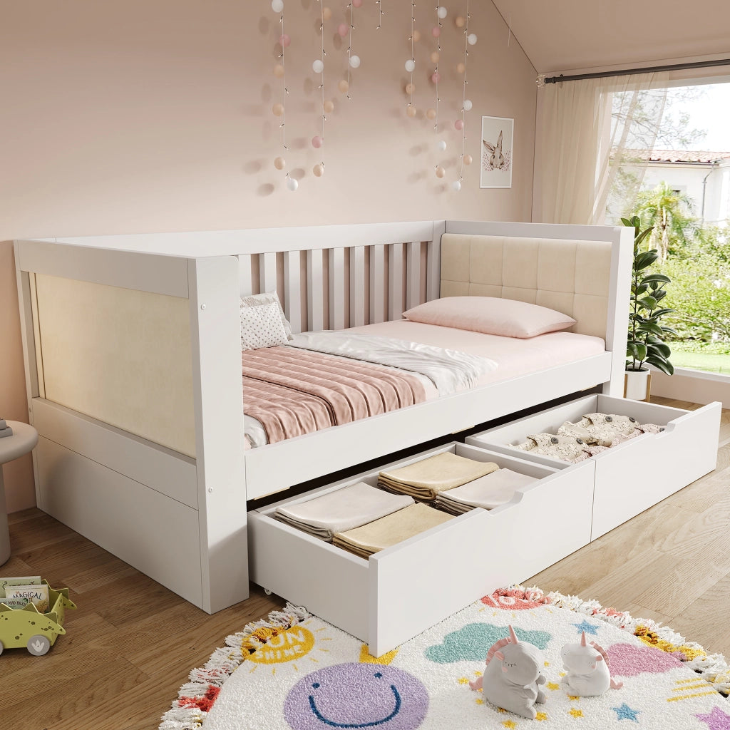 Divano letto 90 x 200 cm con contenitori, letto singolo in pino massello bianco con 2 cassetti su ruote, schienale 3 lati e braccioli arrotondati