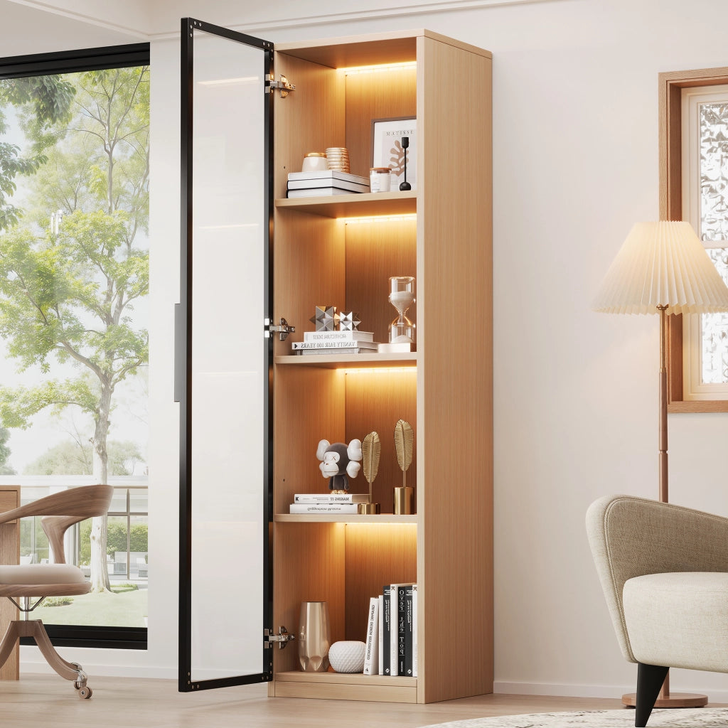 Vetrina stretta con anta in vetro temperato, LED multicolore e cerniere ammortizzate, in MDF rovere, 40 × 40 × 165 cm