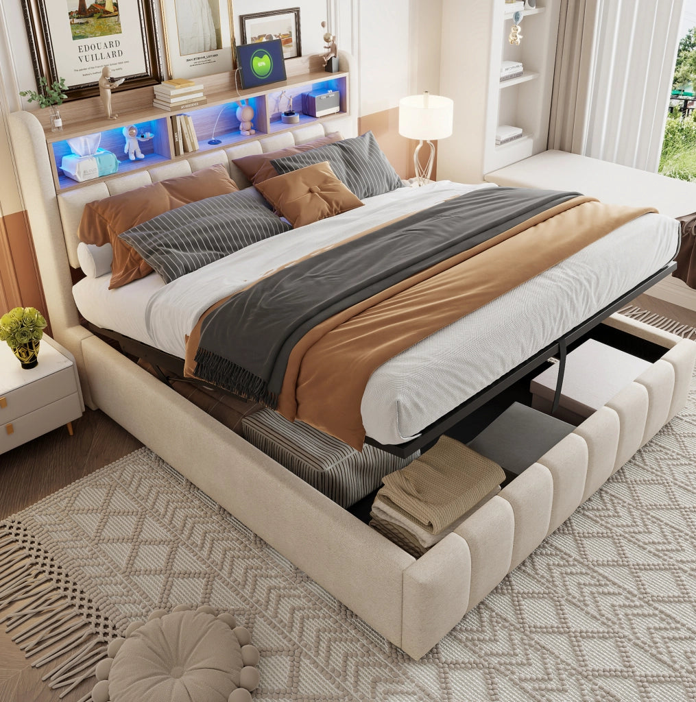 Letto imbottito 180x200 cm con LED e contenitore; lino; beige