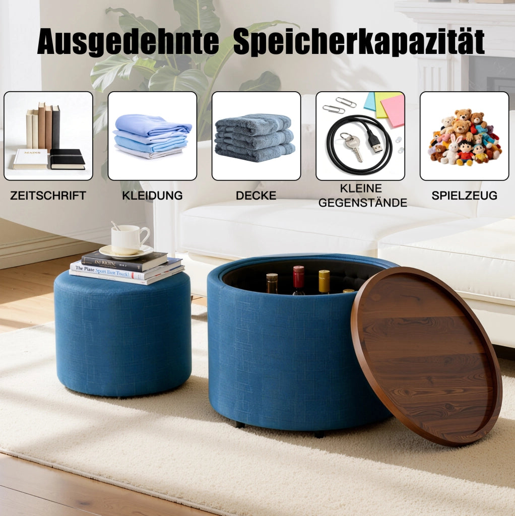 Set di 2 Pouf Nesting con Contenitore, Rivestimento in Lino e Ripiano in Legno, Tavolino Rotondo 58 cm, Blu