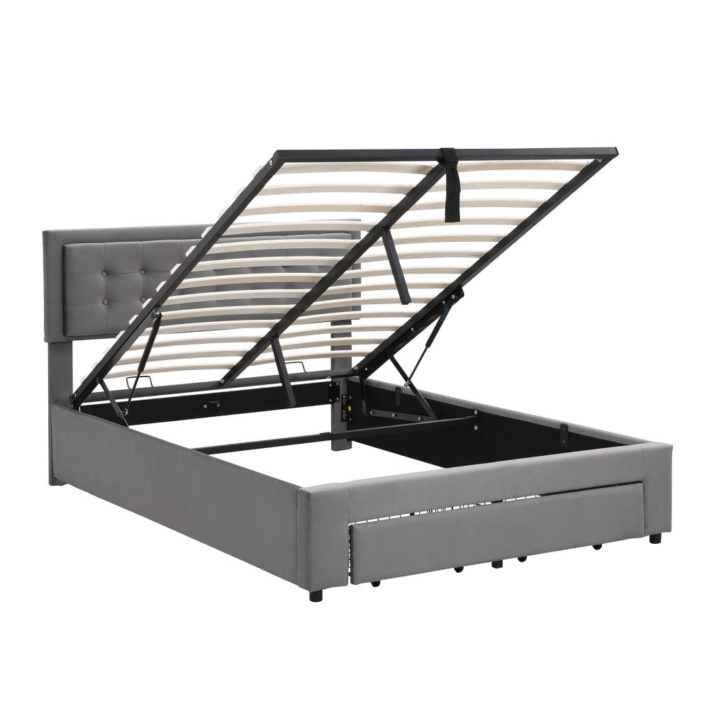 Letto imbottito con contenitore e cassetti in velluto grigio