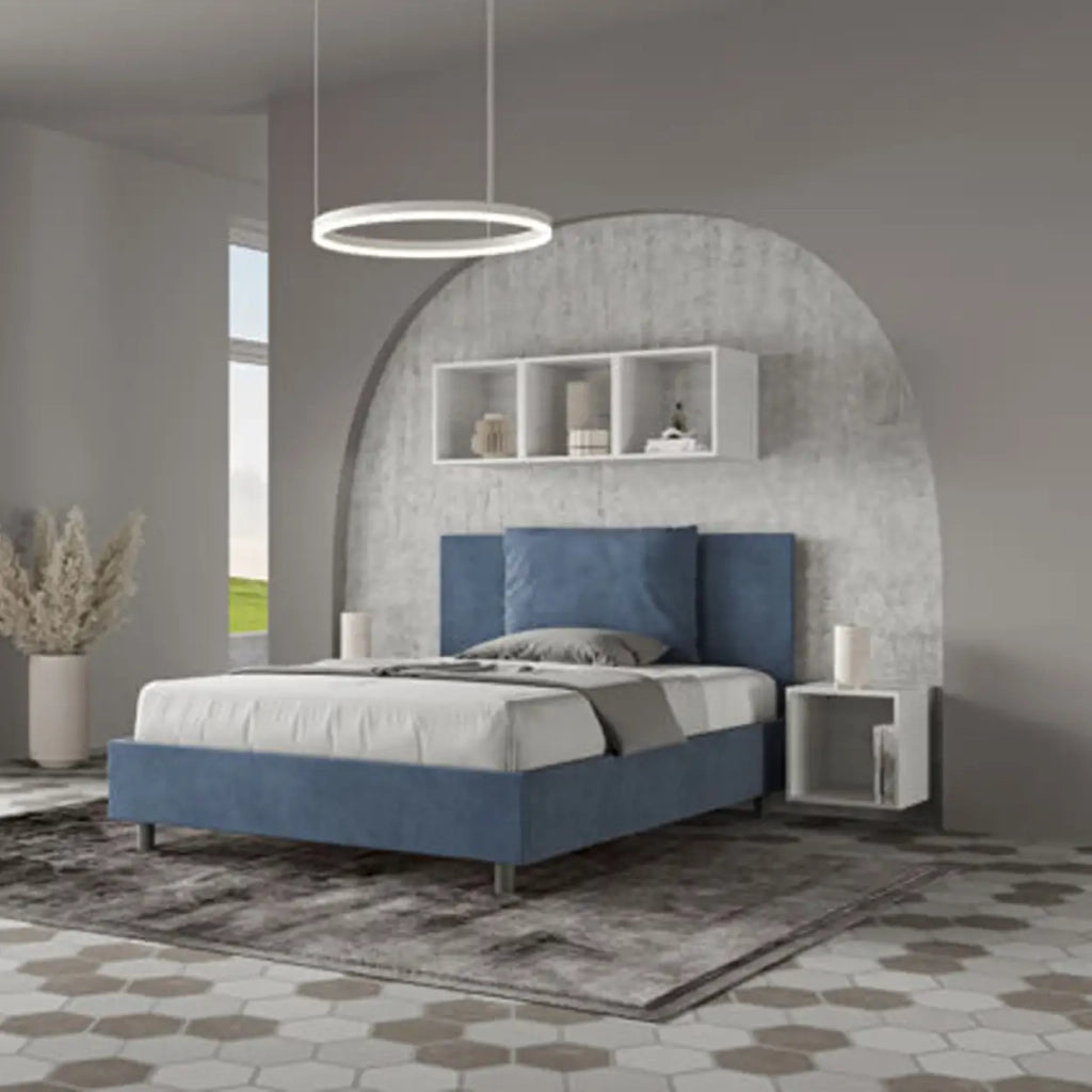 Letto matrimoniale francese senza rete imbottito 140x200 microfibra blu Antea