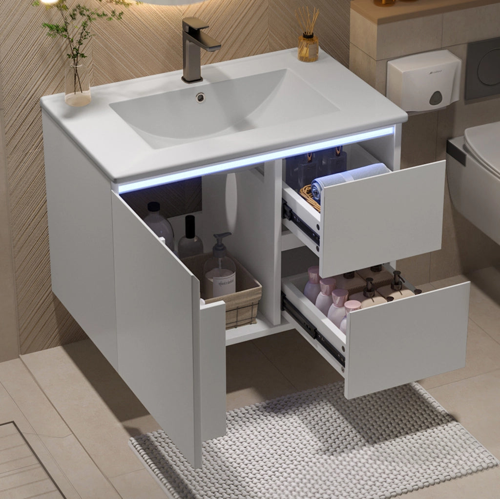 Mobile bagno sospeso 76x46x50 cm in MDF con lavabo in ceramica integrato, due cassetti silenziosi e luci LED a sensore radar, bianco