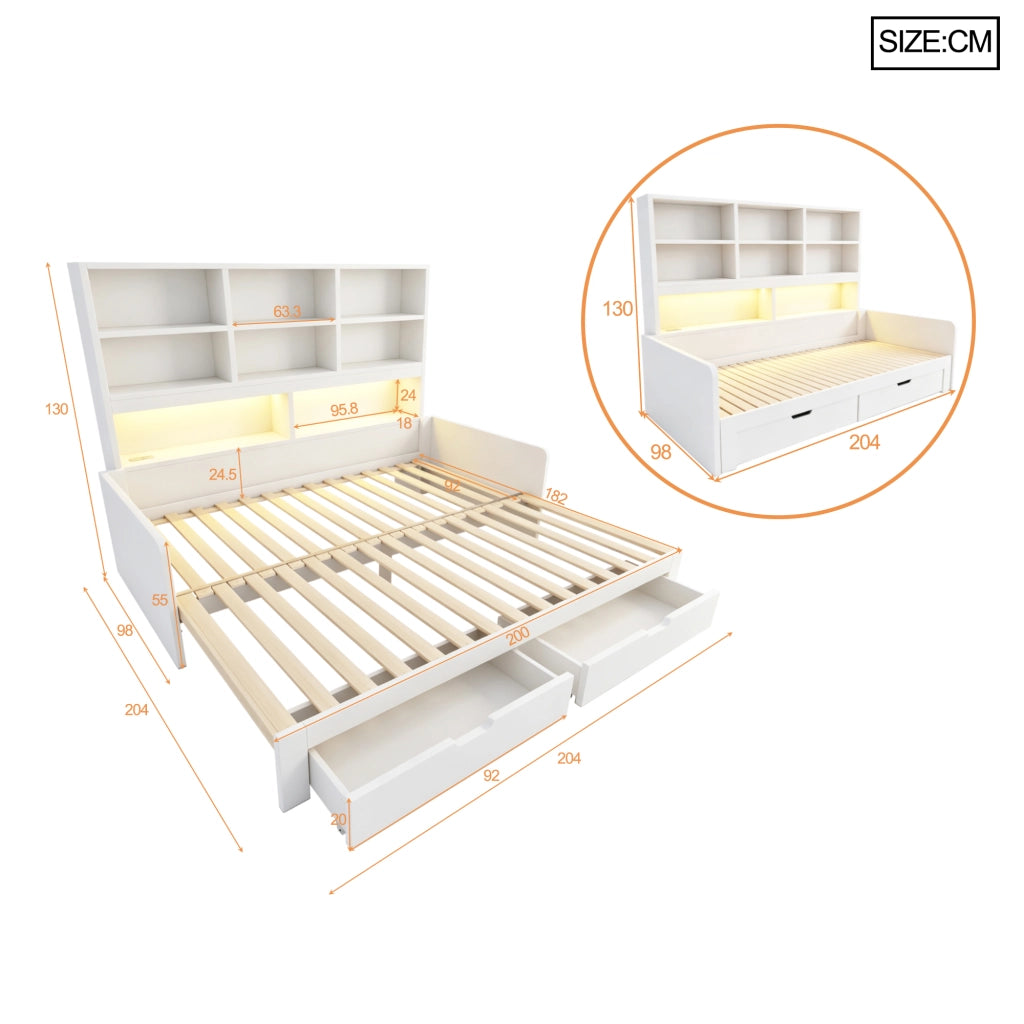 Letto divano estraibile 90×200 e 180×200 cm, 1-2 posti con 2 cassetti, LED e prese, senza materasso, MDF bianco